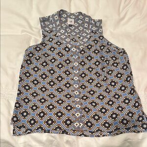 CAbi Blue and Brown Buttoned Blouse with Mandarin Collar